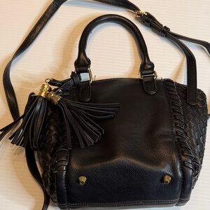 Madison West Black Woven Leather Satchel with Tassel